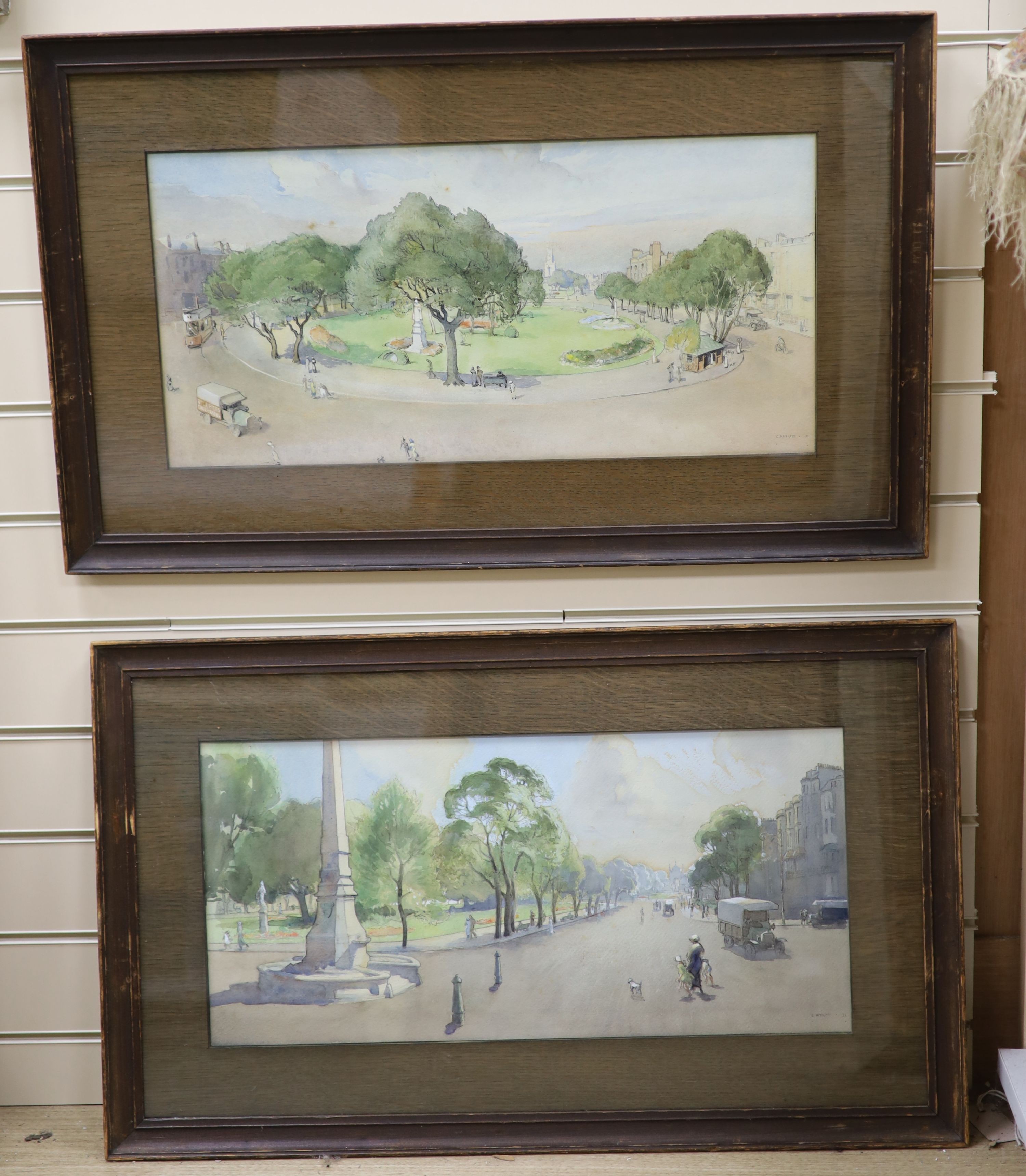 Charles Knight R.W.S., R.O.I., (1905-1995) - Views of the Steine, Brighton, watercolours, a pair, dated 1921, 28 x 56cm.